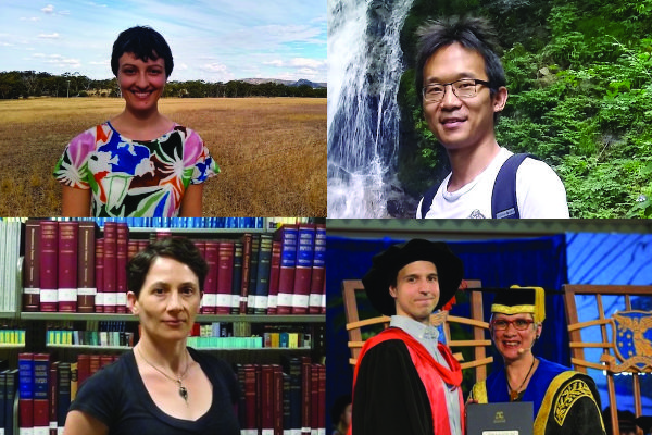 Photos of four School alumni in a range of circumstances - in a field, in a rainforest, in a library and at a PhD graduation ceremony