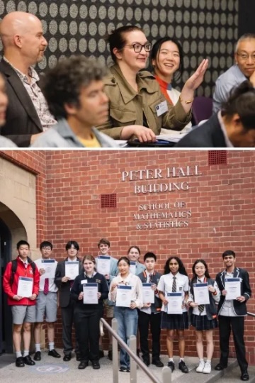 Two images: above, a few of the judges, and below all the winning students posing with their certificates